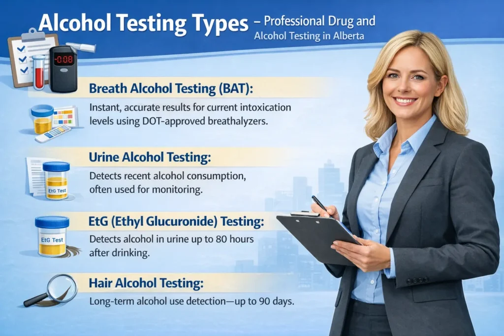 Alcohol testing types include breath, urine, saliva, hair, and EtG testing for different detection needs.
